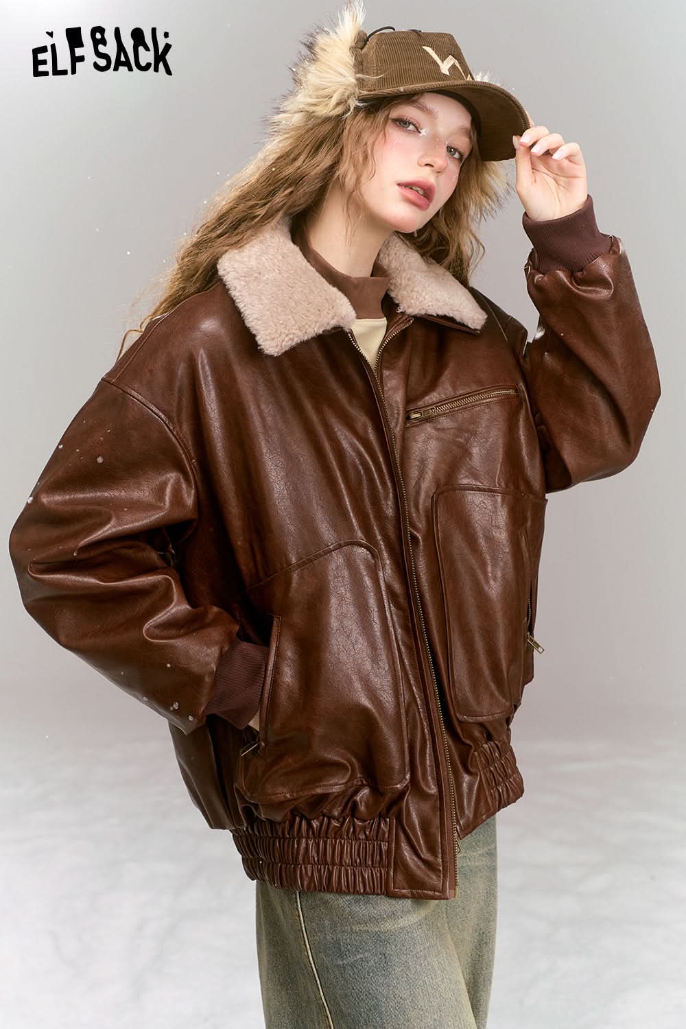 ELFSACK Vintage brown windproof pu leather jacket
