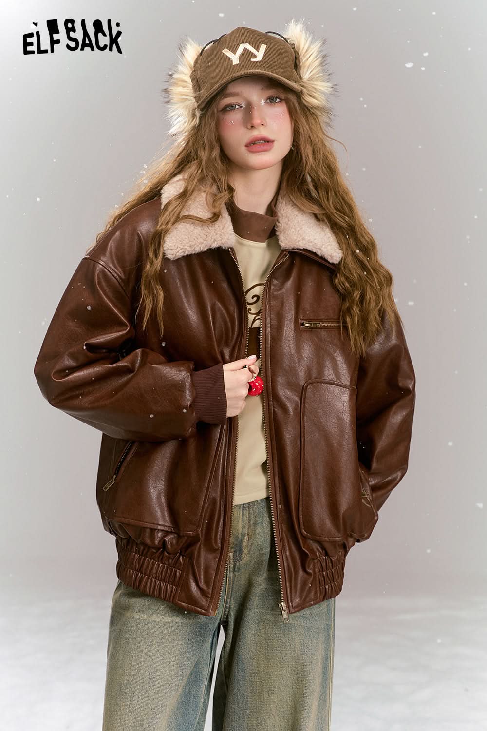 ELFSACK Vintage brown windproof pu leather jacket