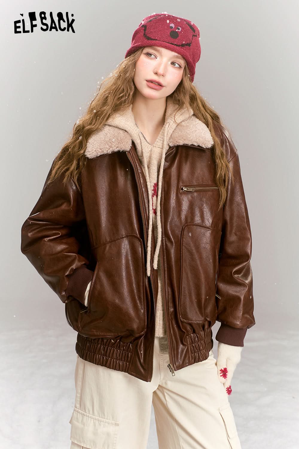 ELFSACK Vintage brown windproof pu leather jacket