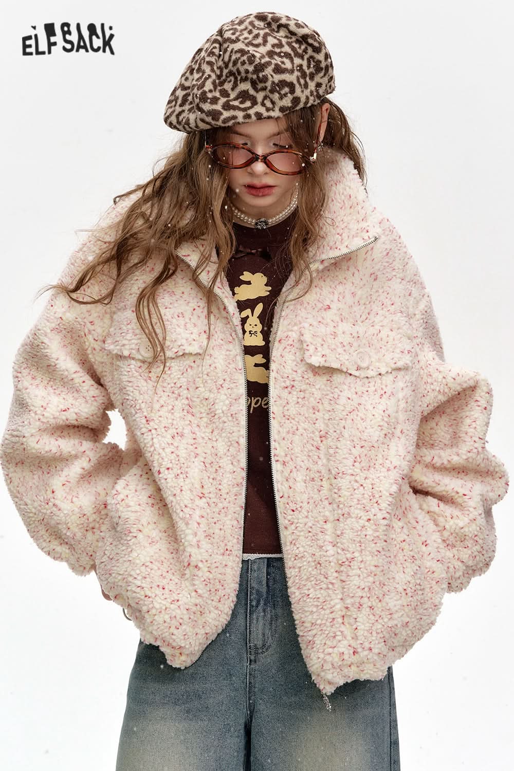 ELFSACK Sweet preppy style colorful faux fur loose thick coat