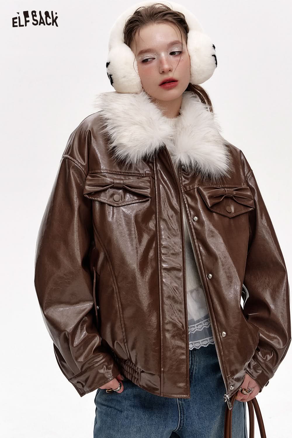 ELFSACK Plush collar spliced PU thick warm coat
