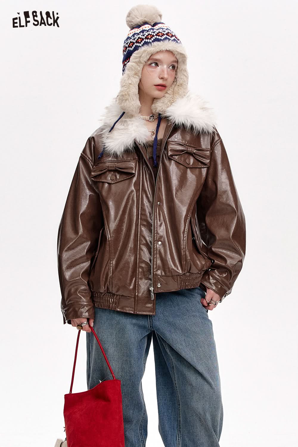 ELFSACK Plush collar spliced PU thick warm coat