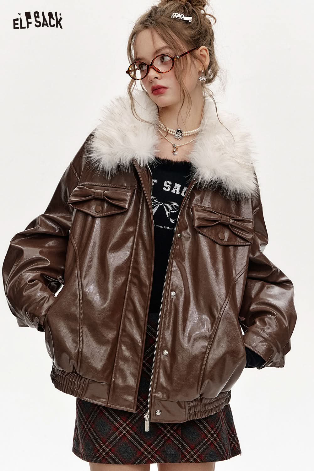 ELFSACK Plush collar spliced PU thick warm coat
