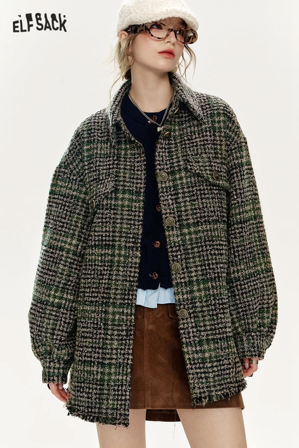 ELFSACK Loose Plaid Single Breasted Thickened Shirt Jacket Women