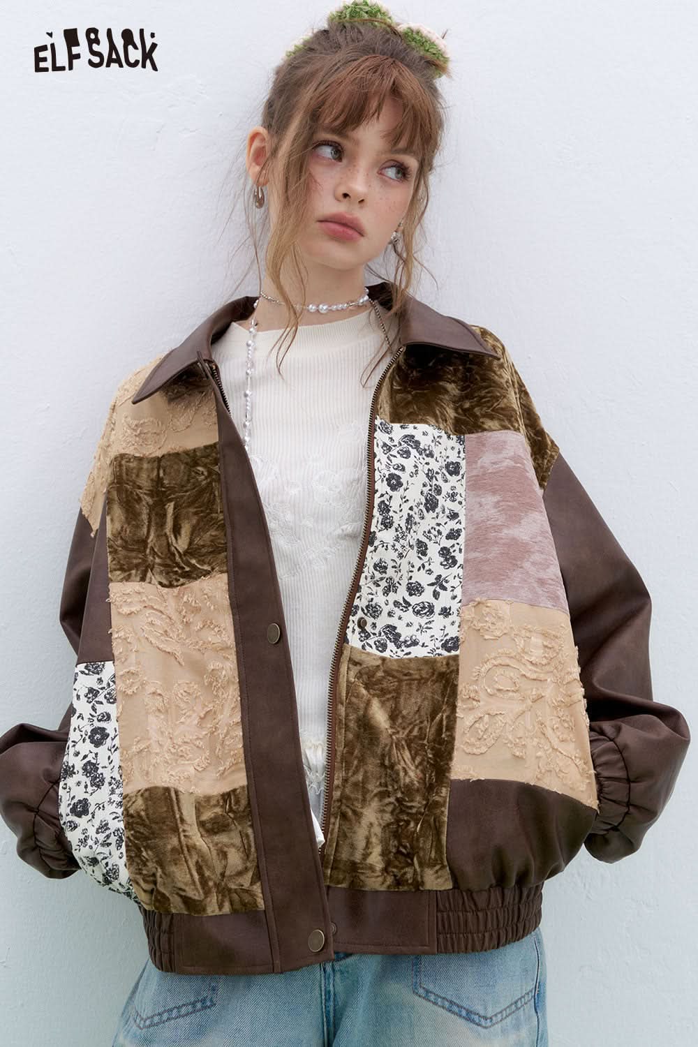 ELFSACK Retro stitching Faux Pu Leather Jacket Women's moto biker jacket