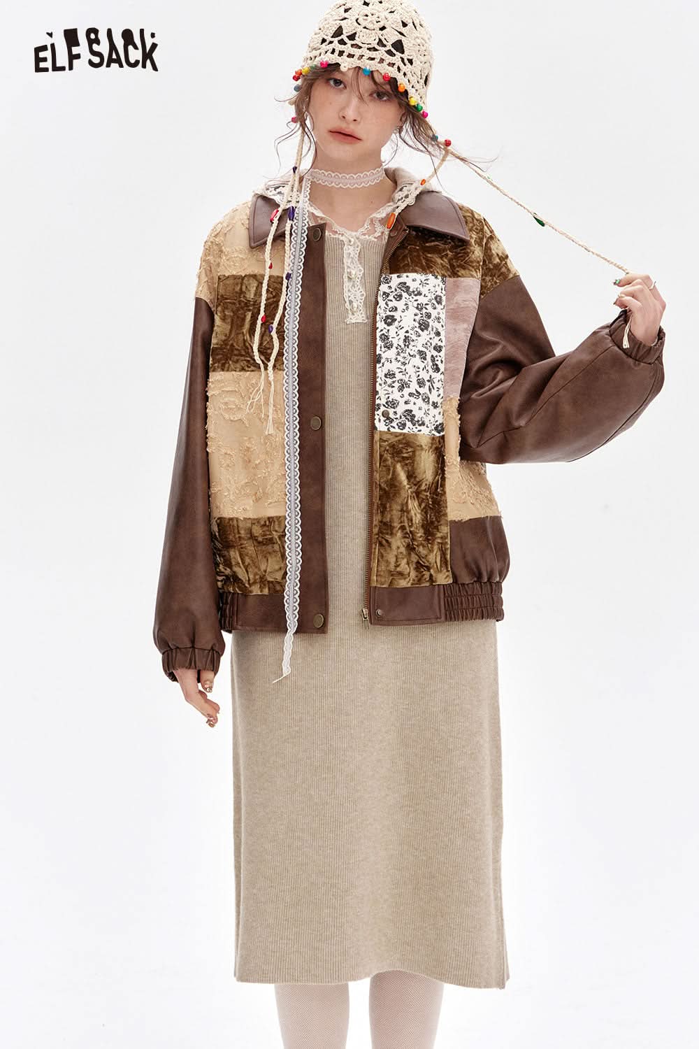 ELFSACK Retro stitching Faux Pu Leather Jacket Women's moto biker jacket