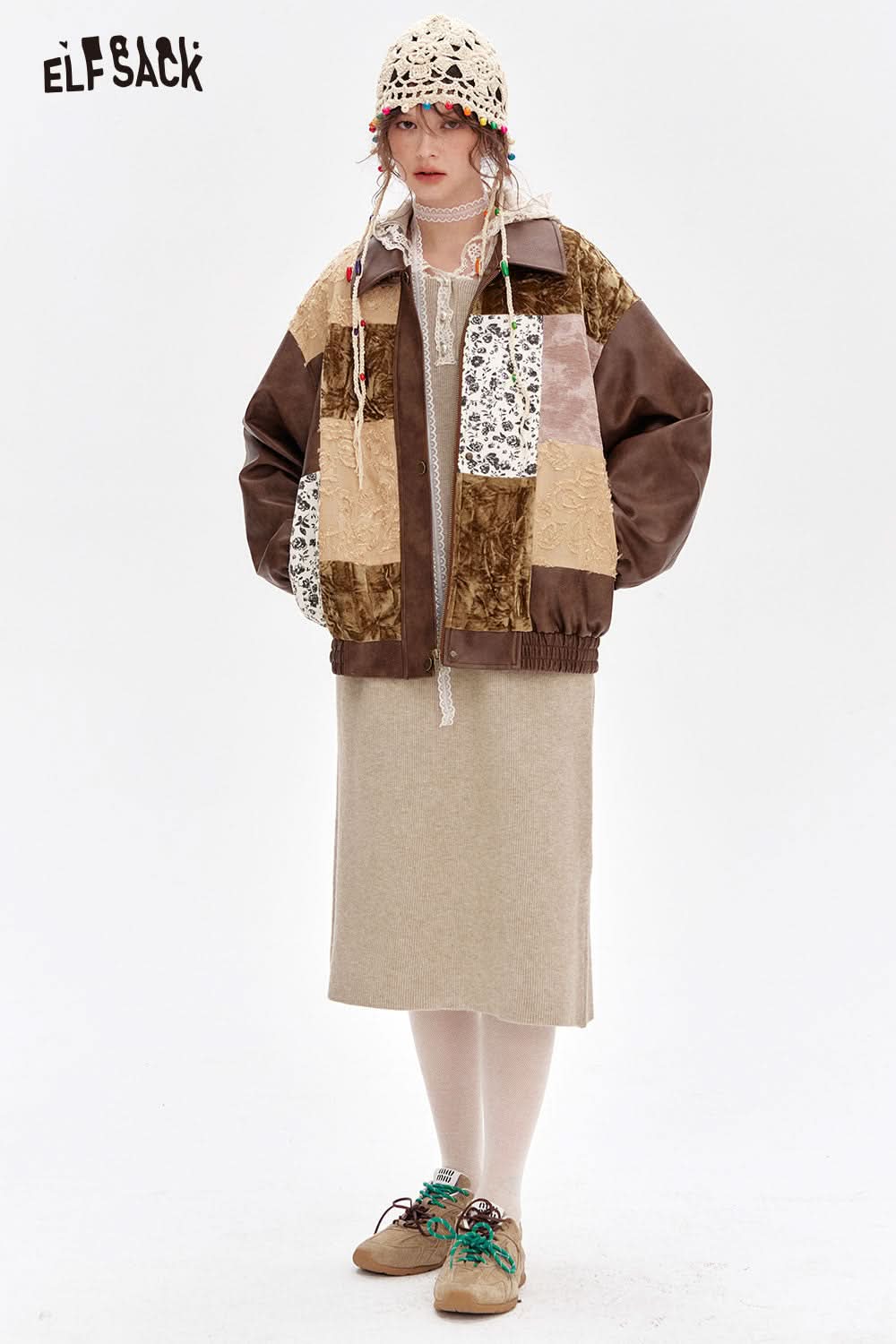 ELFSACK Retro stitching Faux Pu Leather Jacket Women's moto biker jacket