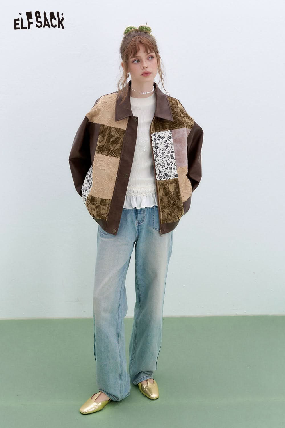 ELFSACK Retro stitching Faux Pu Leather Jacket Women's moto biker jacket