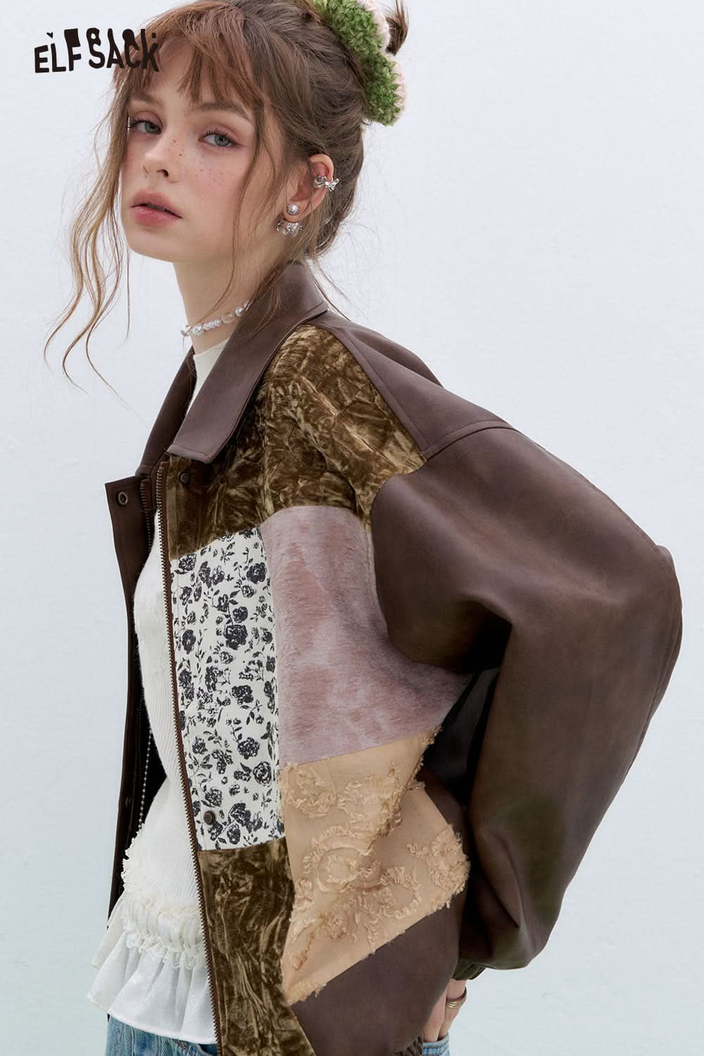 ELFSACK Retro stitching Faux Pu Leather Jacket Women's moto biker jacket