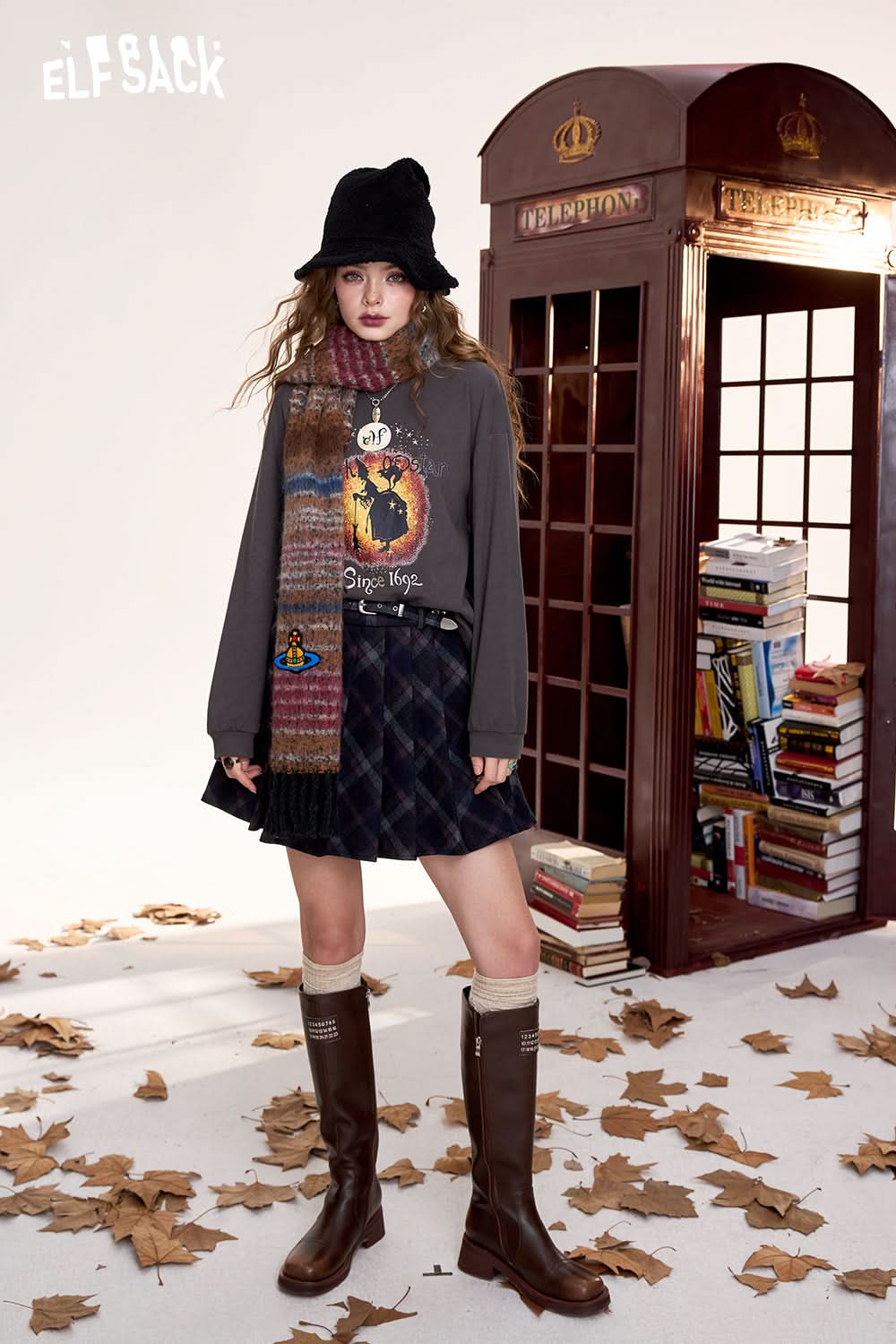 ELFSACK Long-sleeved T-shirt, original witch print, retro, casual, bottoming shirt