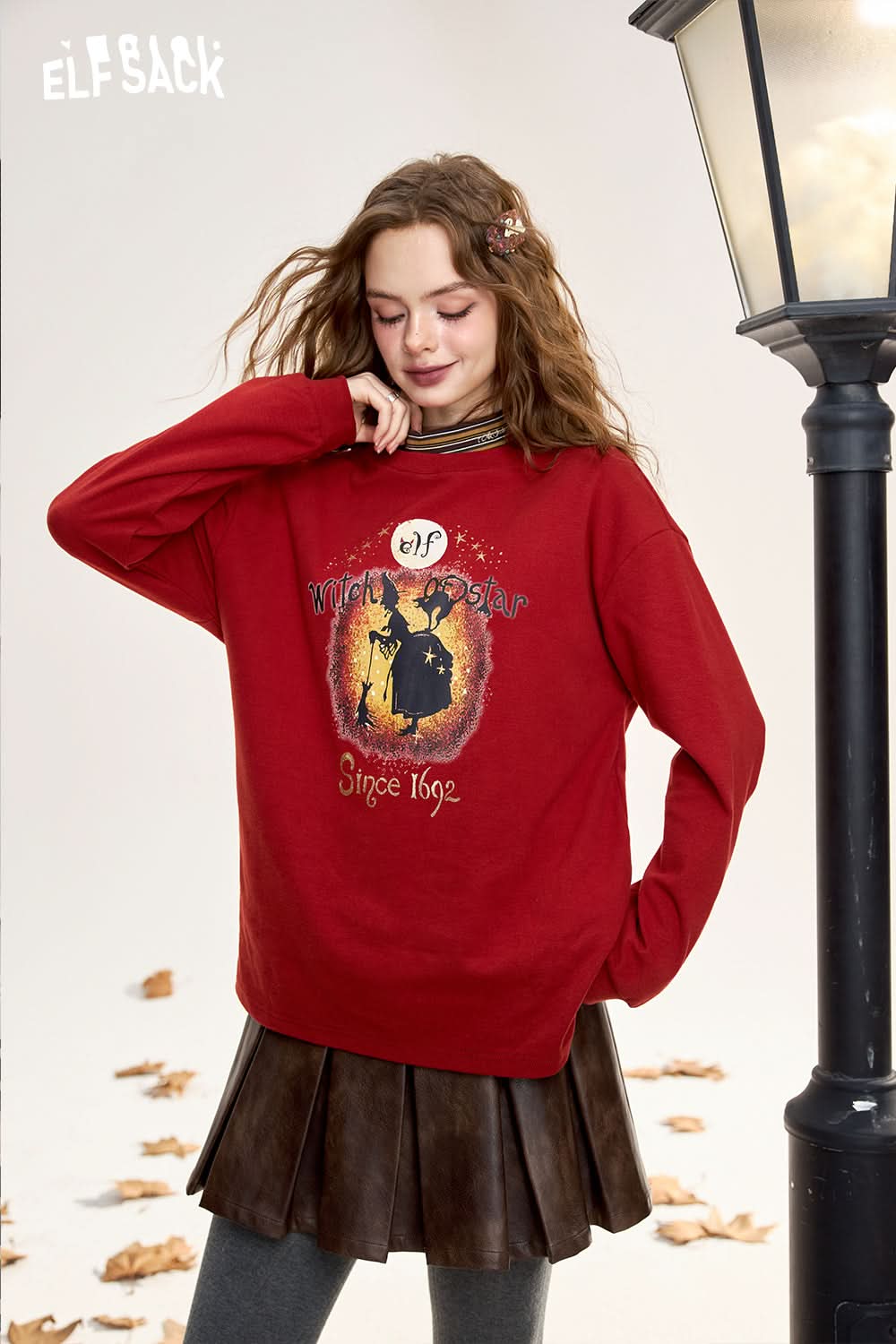 ELFSACK Long-sleeved T-shirt, original witch print, retro, casual, bottoming shirt