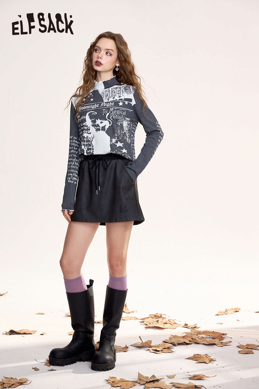 ELFSACK Cotton high collar T-shirt original witch full print ruffled edges long sleeves bottoming shirt