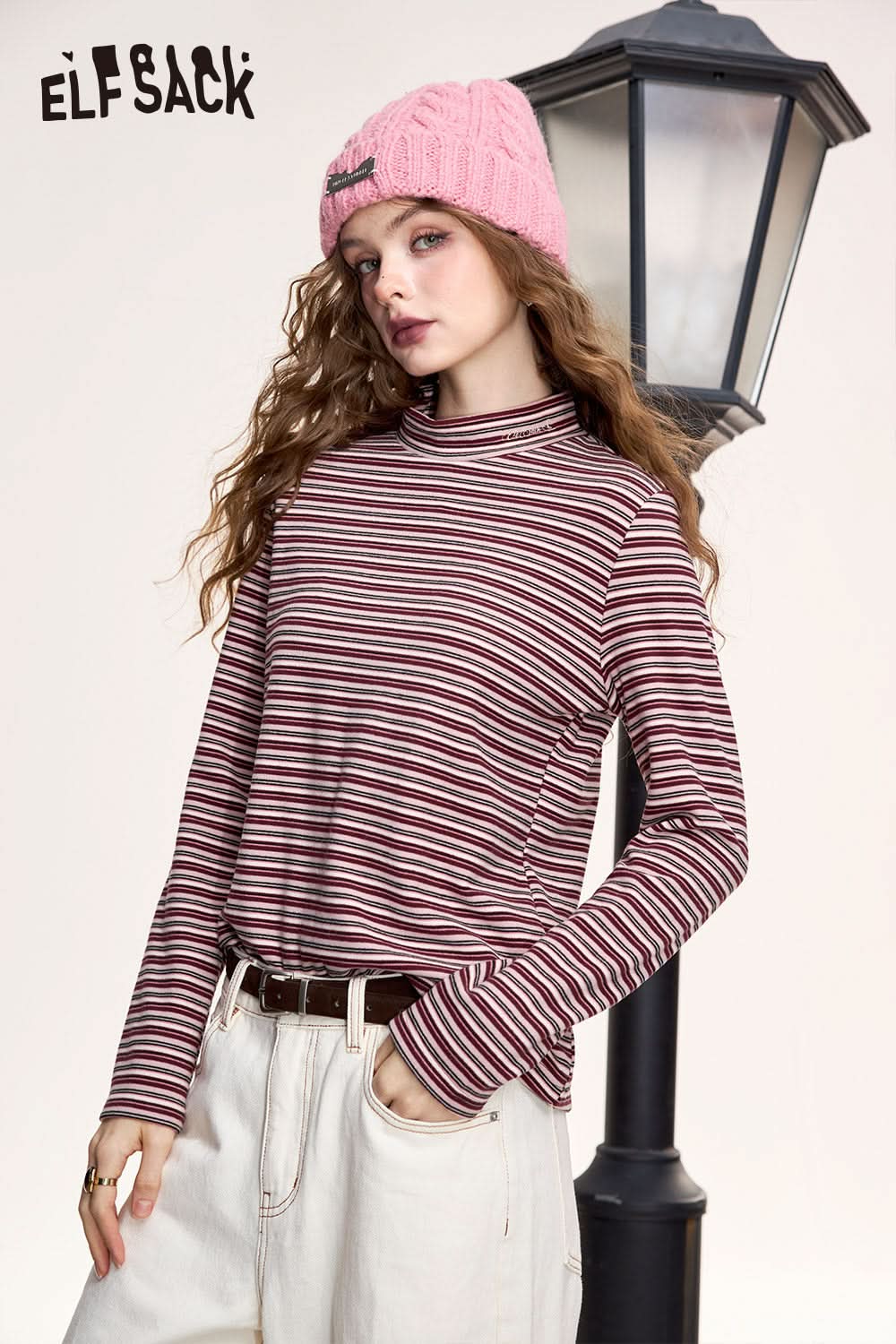 ELFSACK Colorful striped high collar long sleeve T-shirt, retro slim bottoming shirt
