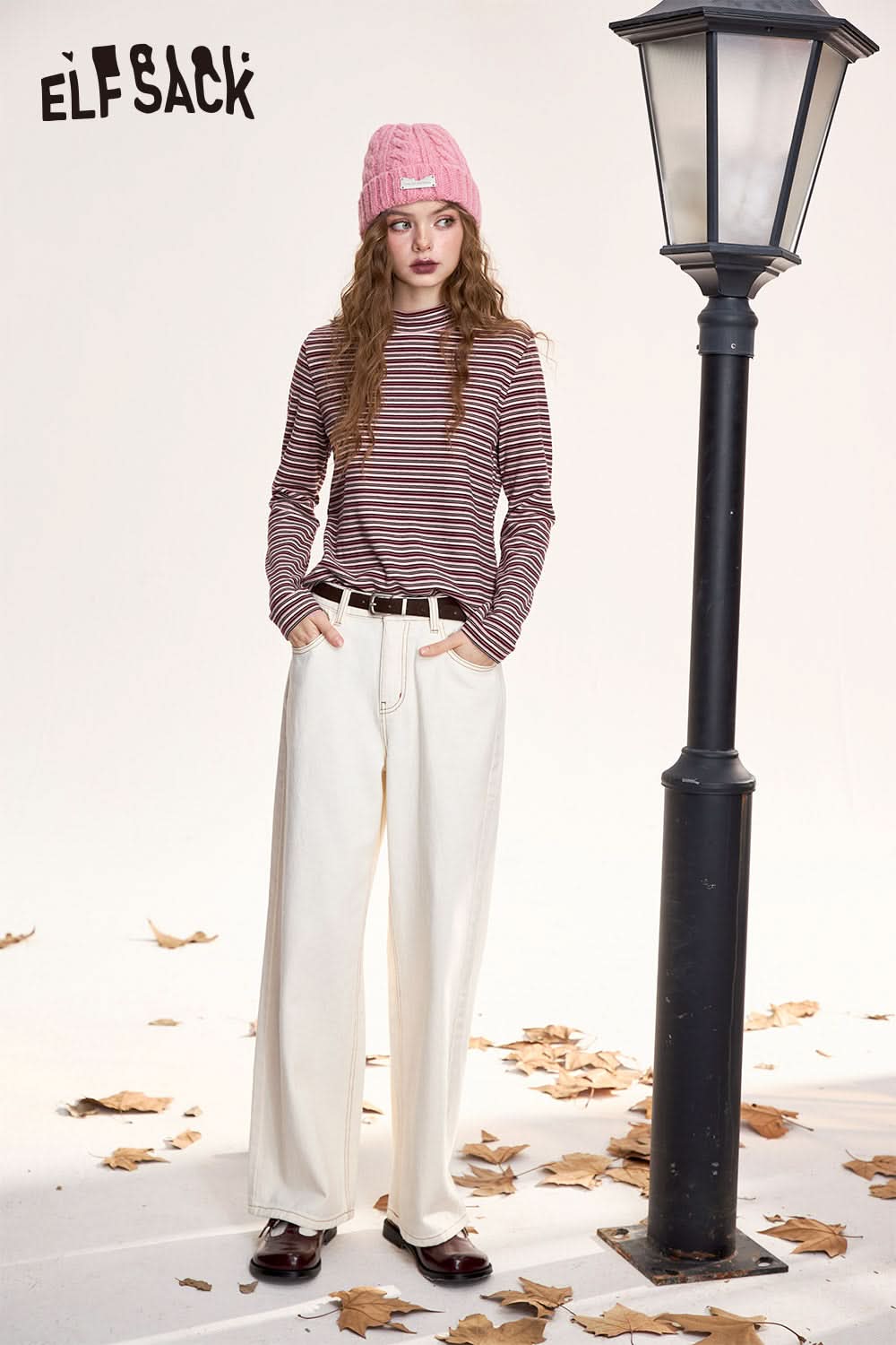 ELFSACK Colorful striped high collar long sleeve T-shirt, retro slim bottoming shirt