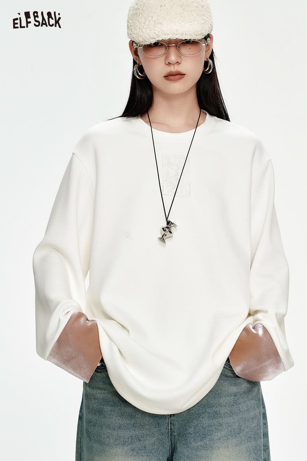 ELFSACK Velvet stitching loose T-shirt women Chinese style white lace bottoming T-shirt