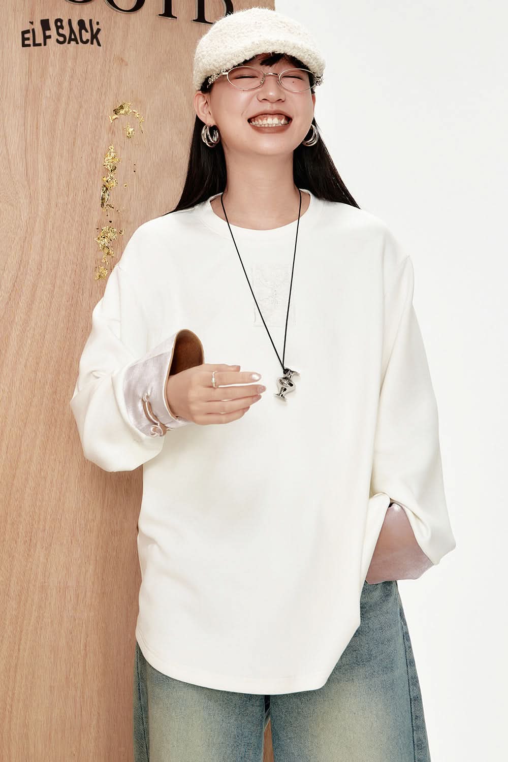 ELFSACK Velvet stitching loose T-shirt women Chinese style white lace bottoming T-shirt