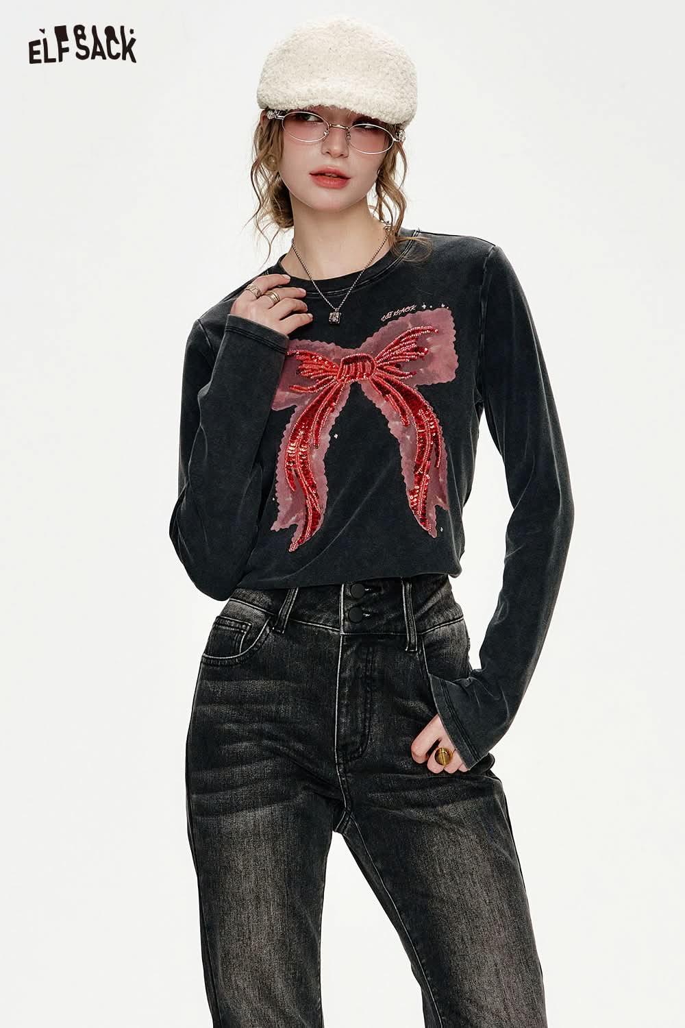 ELFSACK Bowknot Sequin Embroidery Slim Fit Long Sleeve T-shirt Women Hot Girl Sweet Cool Top