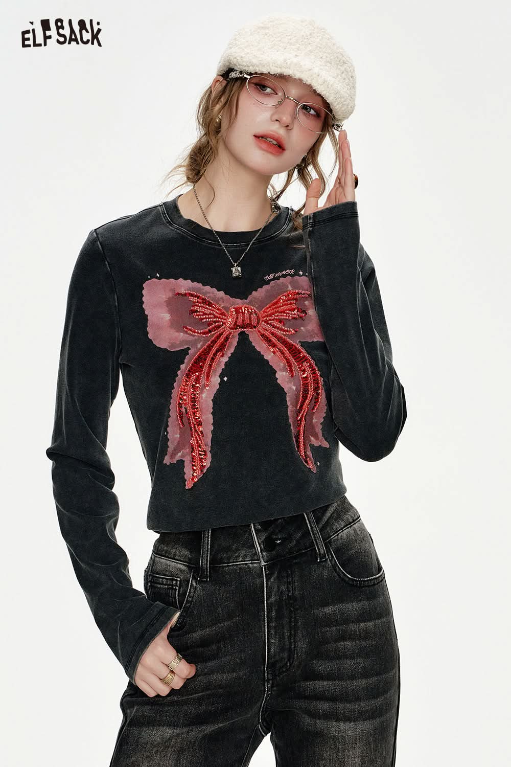ELFSACK Bowknot Sequin Embroidery Slim Fit Long Sleeve T-shirt Women Hot Girl Sweet Cool Top