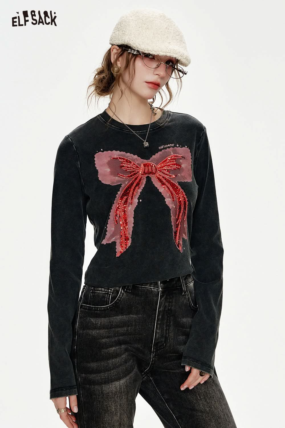 ELFSACK Bowknot Sequin Embroidery Slim Fit Long Sleeve T-shirt Women Hot Girl Sweet Cool Top