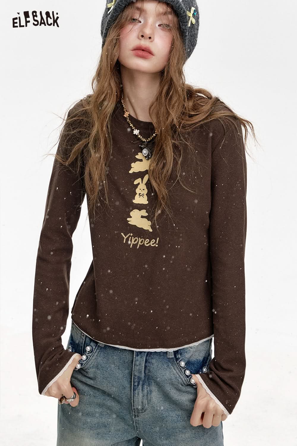 ELFSACK Round Neck Lace Stitching Rabbit Print Long Sleeve T-Shirt Women