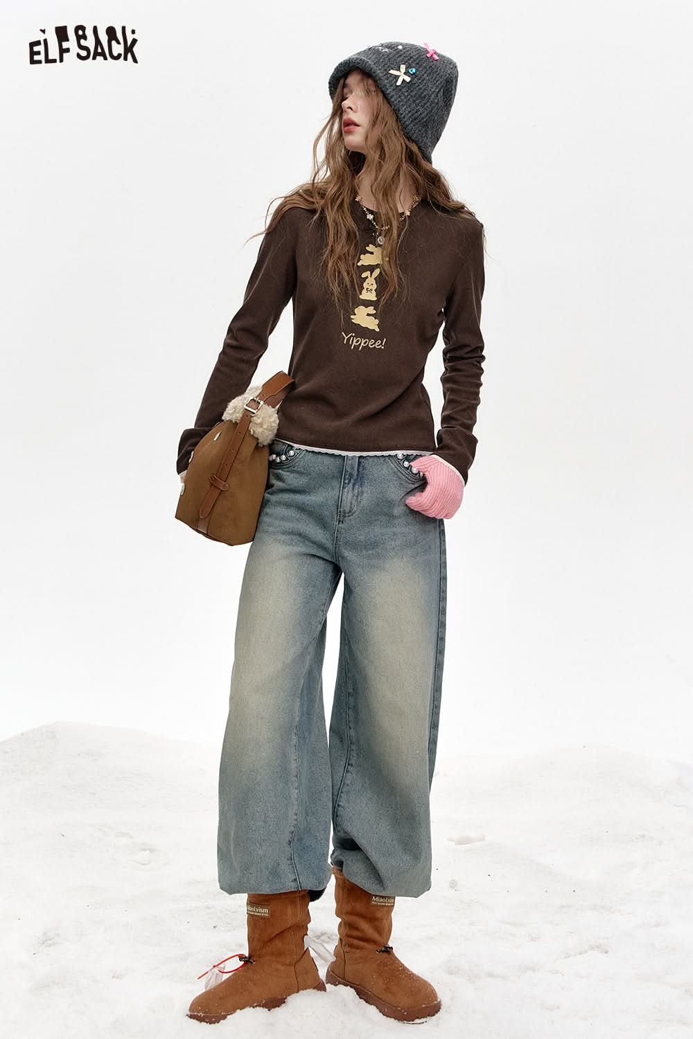 ELFSACK Round Neck Lace Stitching Rabbit Print Long Sleeve T-Shirt Women