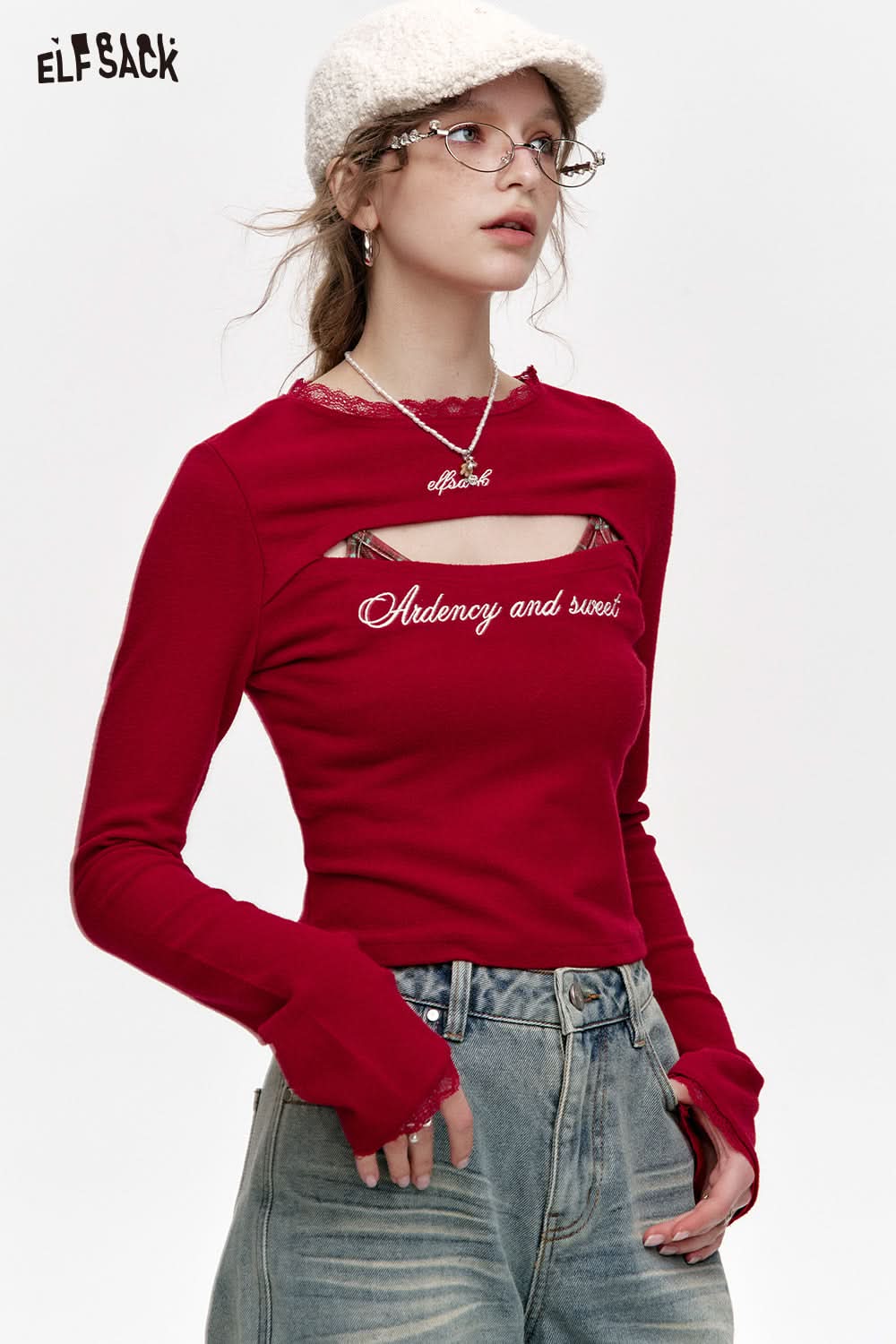 ELFSACK Red Letter Hollow Slim Fit Long Sleeve T-Shirt Women