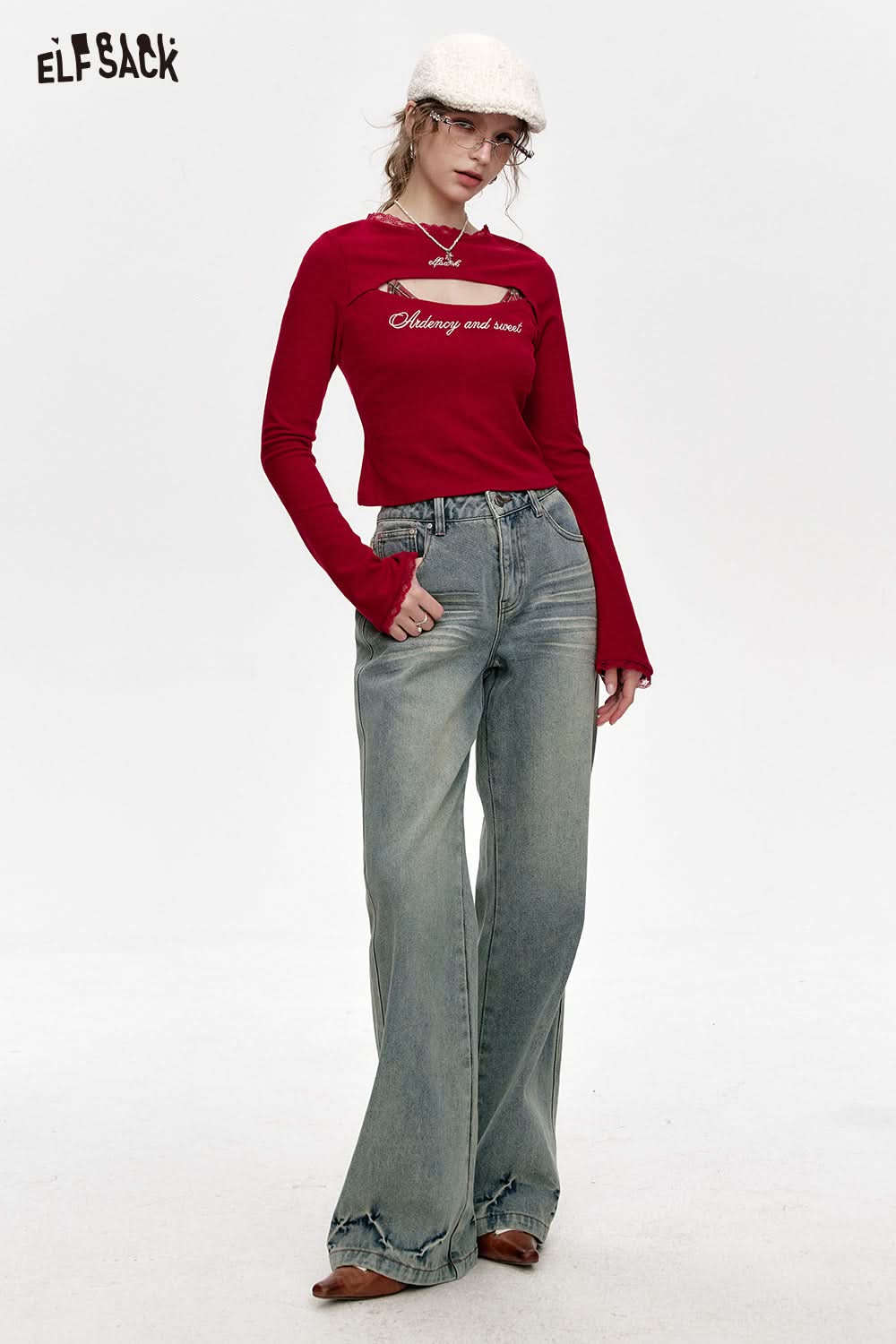 ELFSACK Red Letter Hollow Slim Fit Long Sleeve T-Shirt Women