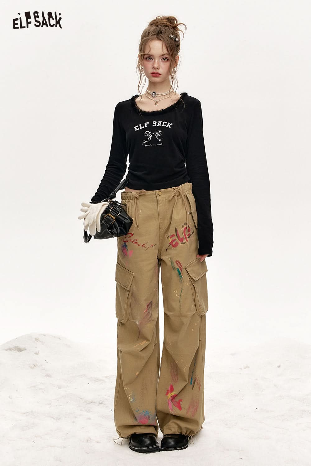 ELFSACK Round Neck Plush Stitching Short Long Sleeve T-Shirt Women