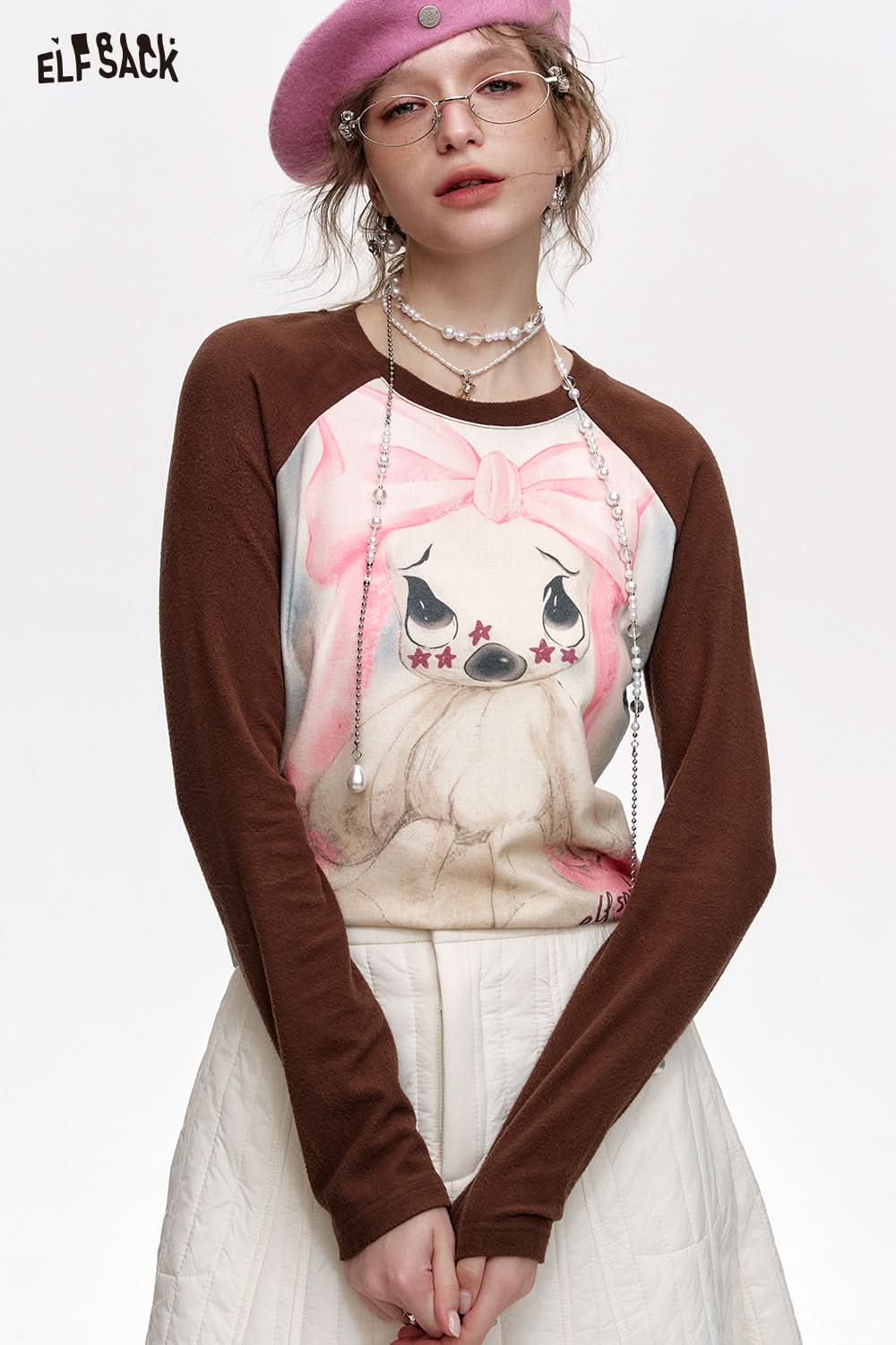 ELFSACK Rabbit print y2k raglan long sleeve short T-shirt