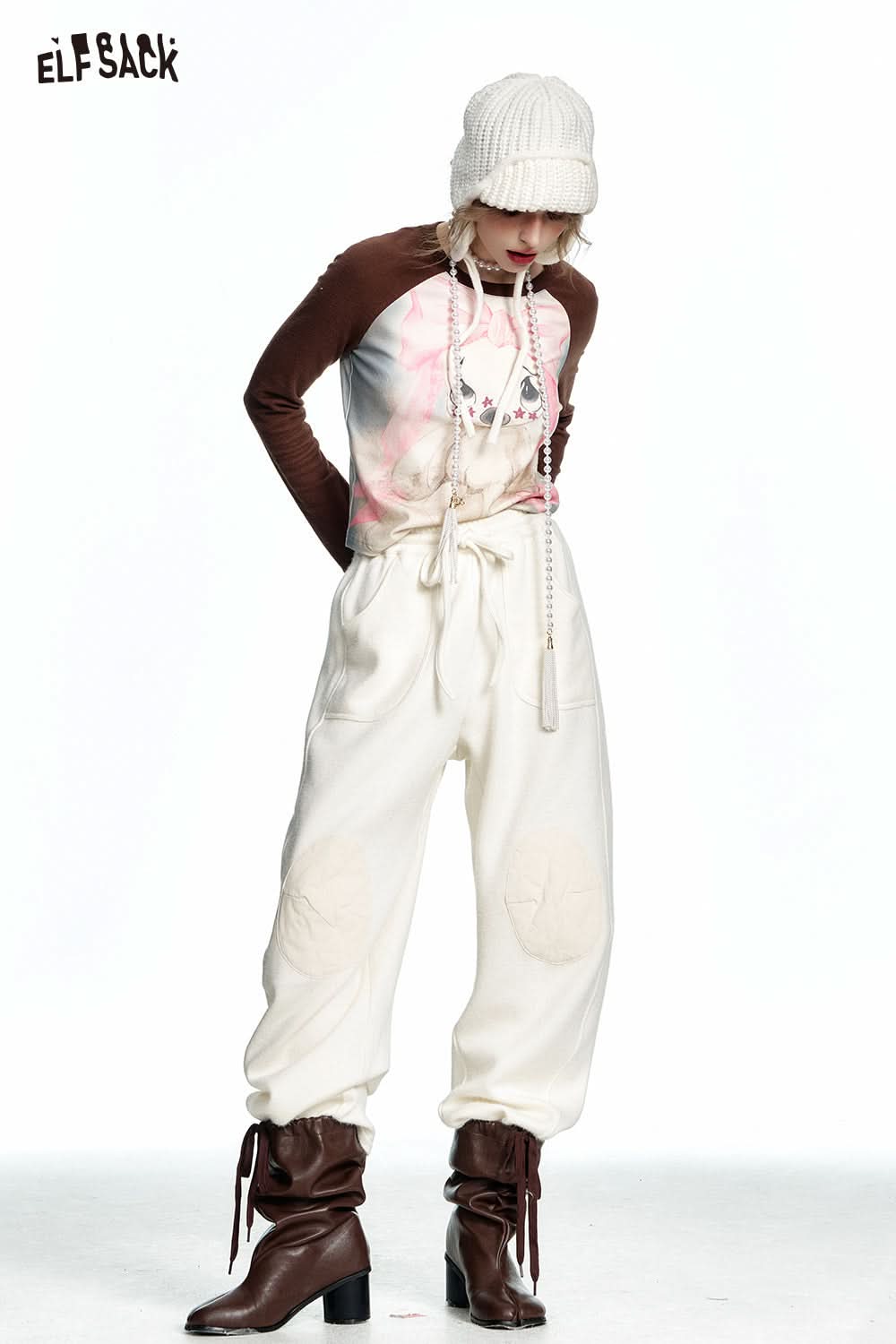 ELFSACK Rabbit print y2k raglan long sleeve short T-shirt