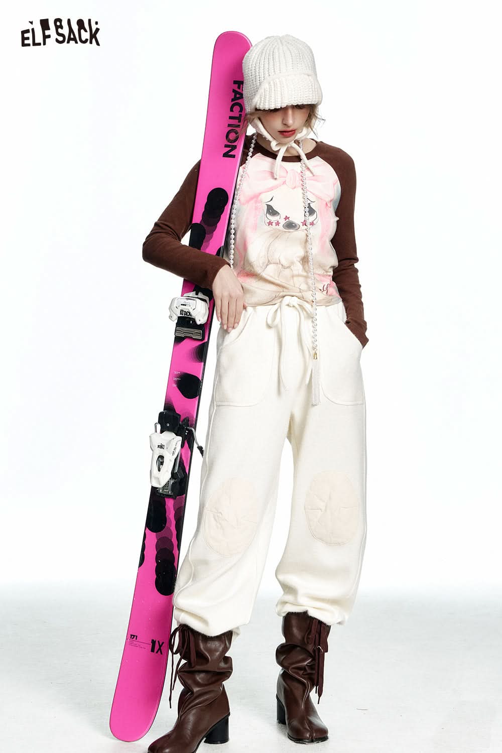 ELFSACK Rabbit print y2k raglan long sleeve short T-shirt