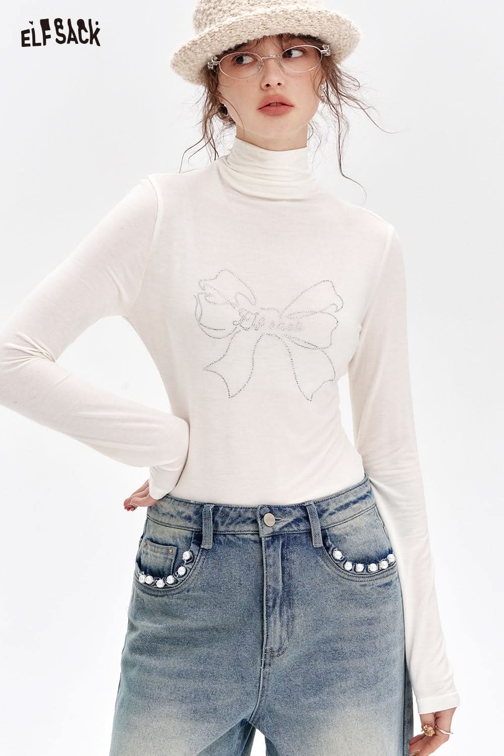ELFSACK Bowknot Hot Diamond White Turtleneck Slim Fit T-shirt Women