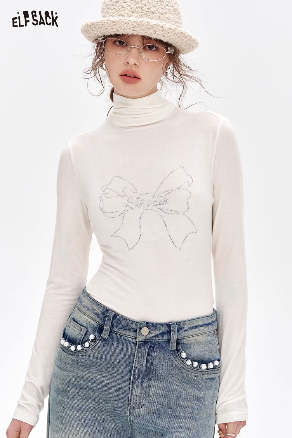 ELFSACK Bowknot Hot Diamond White Turtleneck Slim Fit T-shirt Women