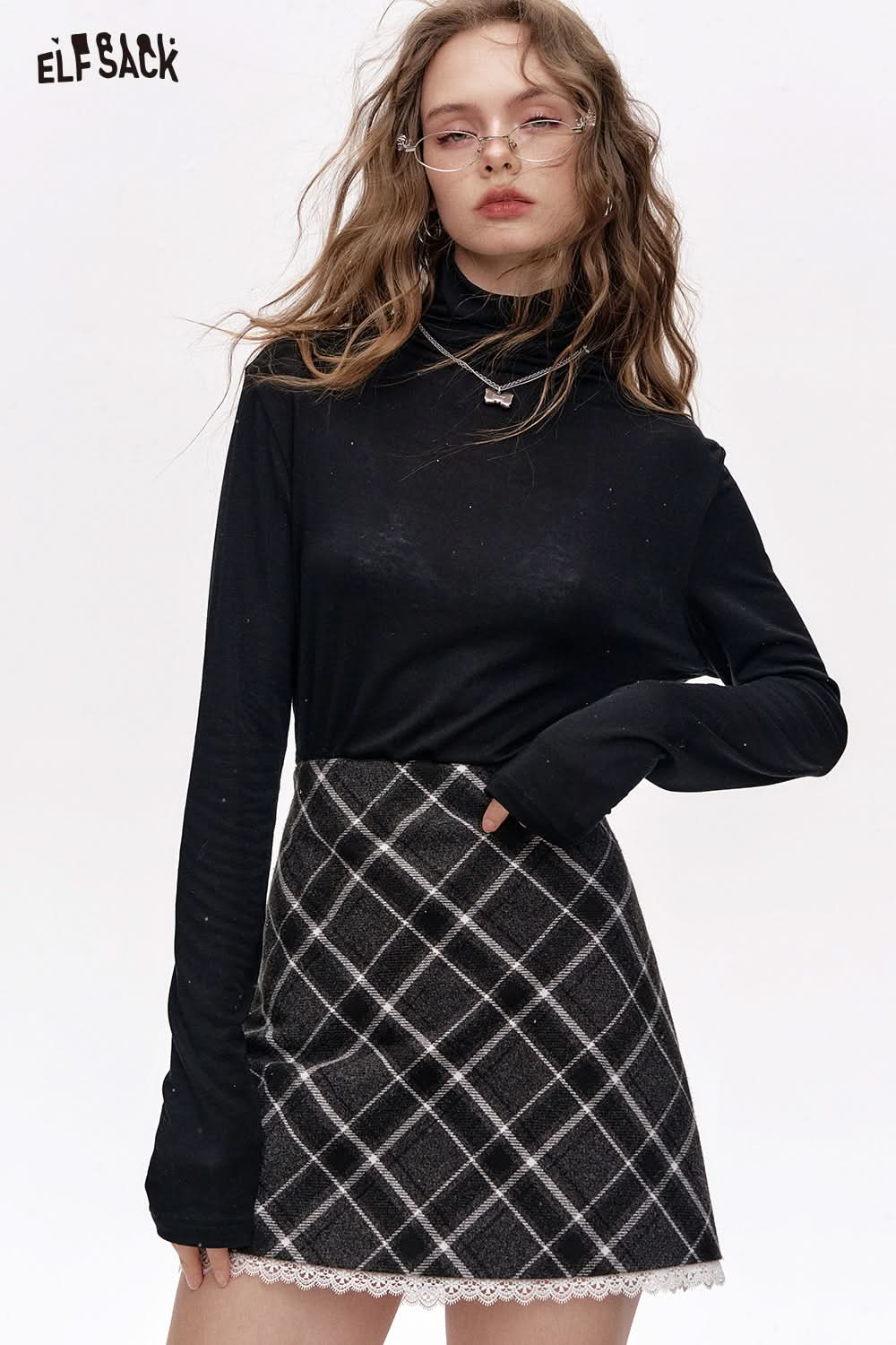 ELFSACK Pile collar inner wear sweater women solid color bottom T-shirt