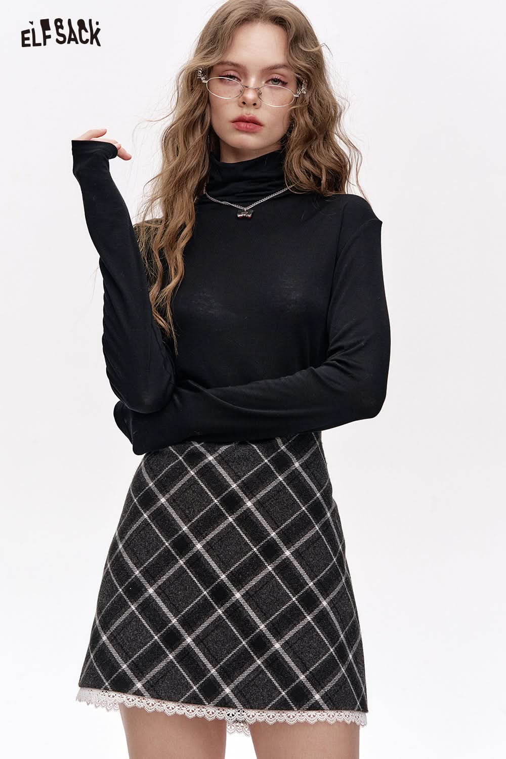 ELFSACK Pile collar inner wear sweater women solid color bottom T-shirt