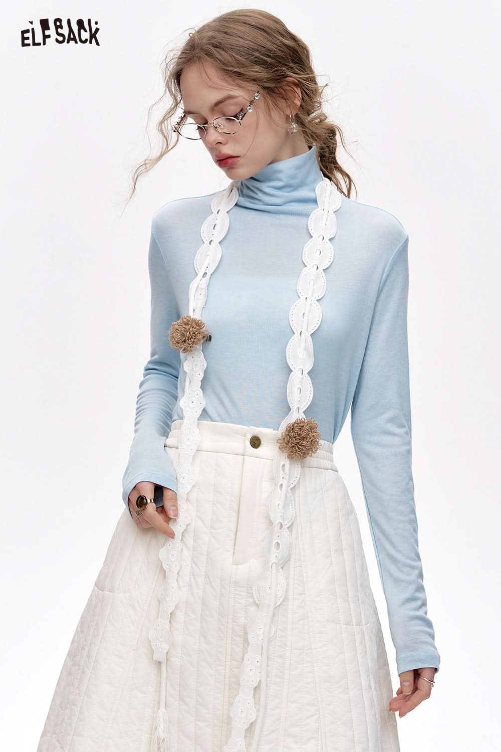 ELFSACK Pile collar inner wear sweater women solid color bottom T-shirt