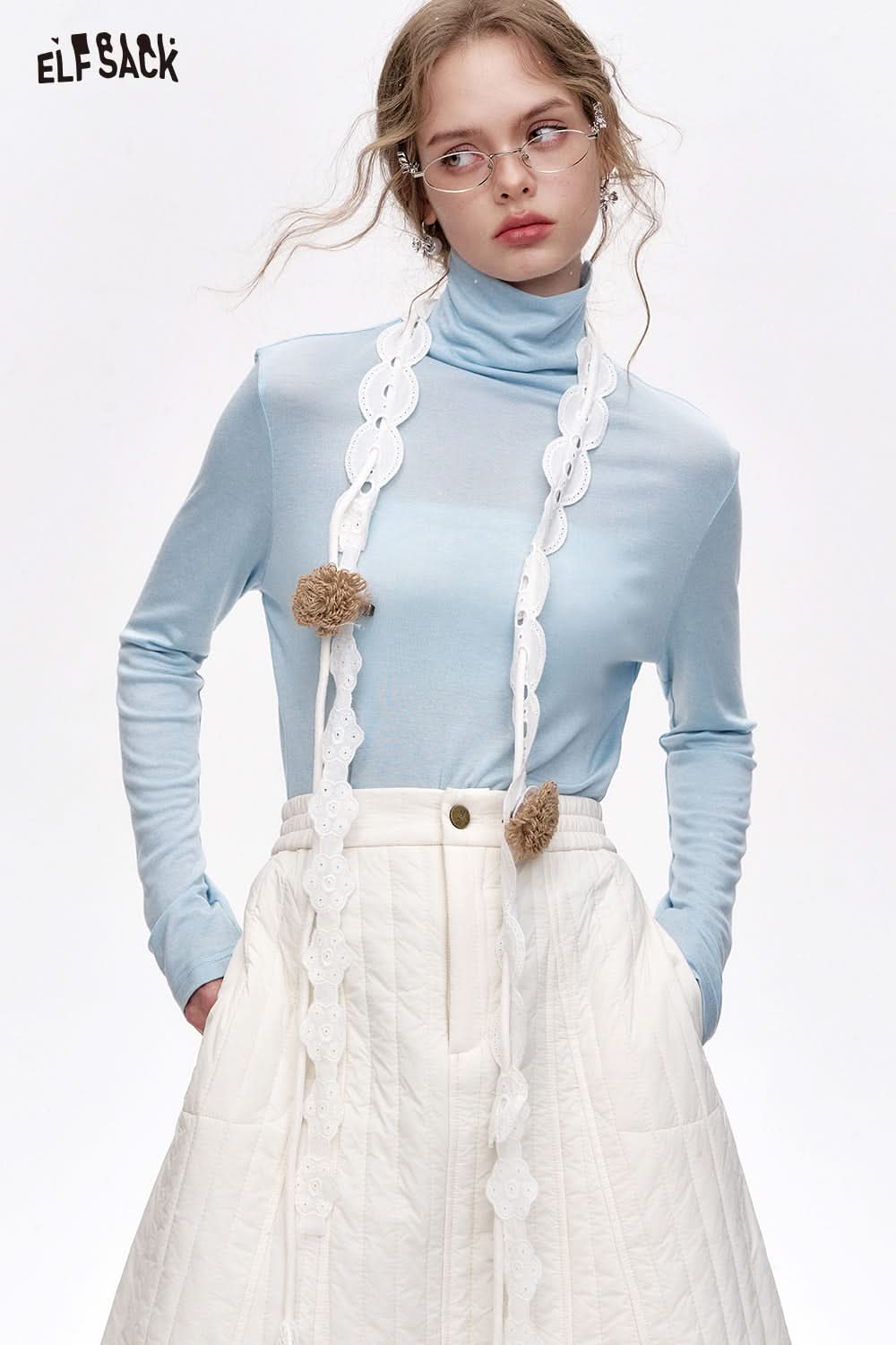 ELFSACK Pile collar inner wear sweater women solid color bottom T-shirt