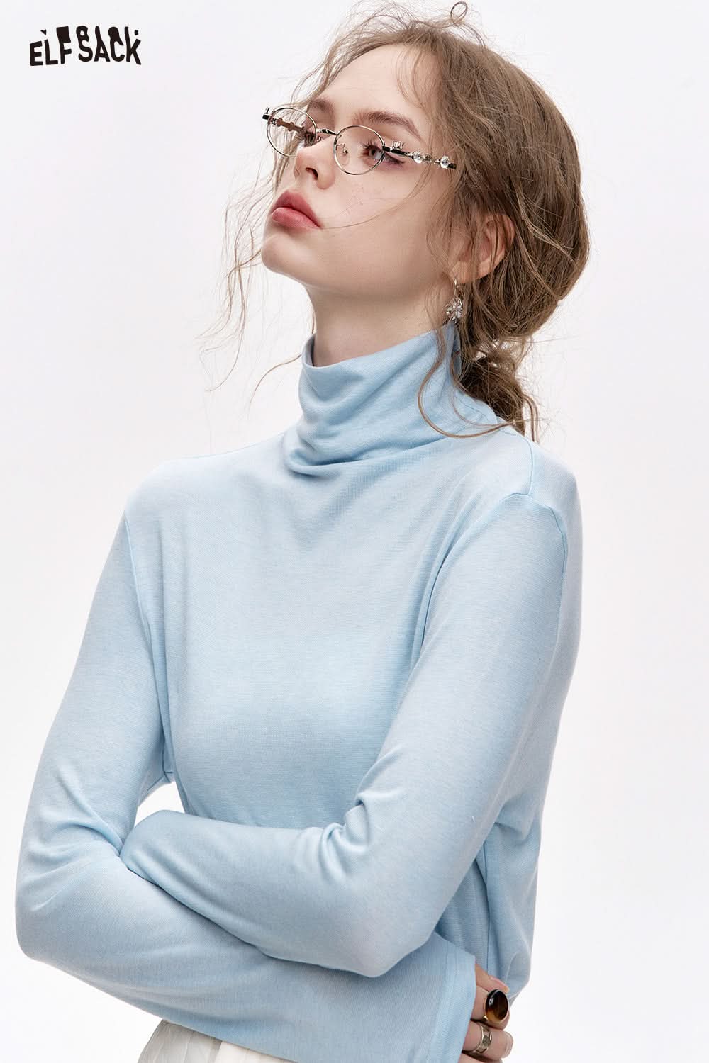 ELFSACK Pile collar inner wear sweater women solid color bottom T-shirt