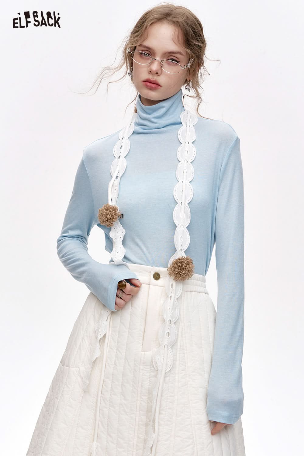 ELFSACK Pile collar inner wear sweater women solid color bottom T-shirt