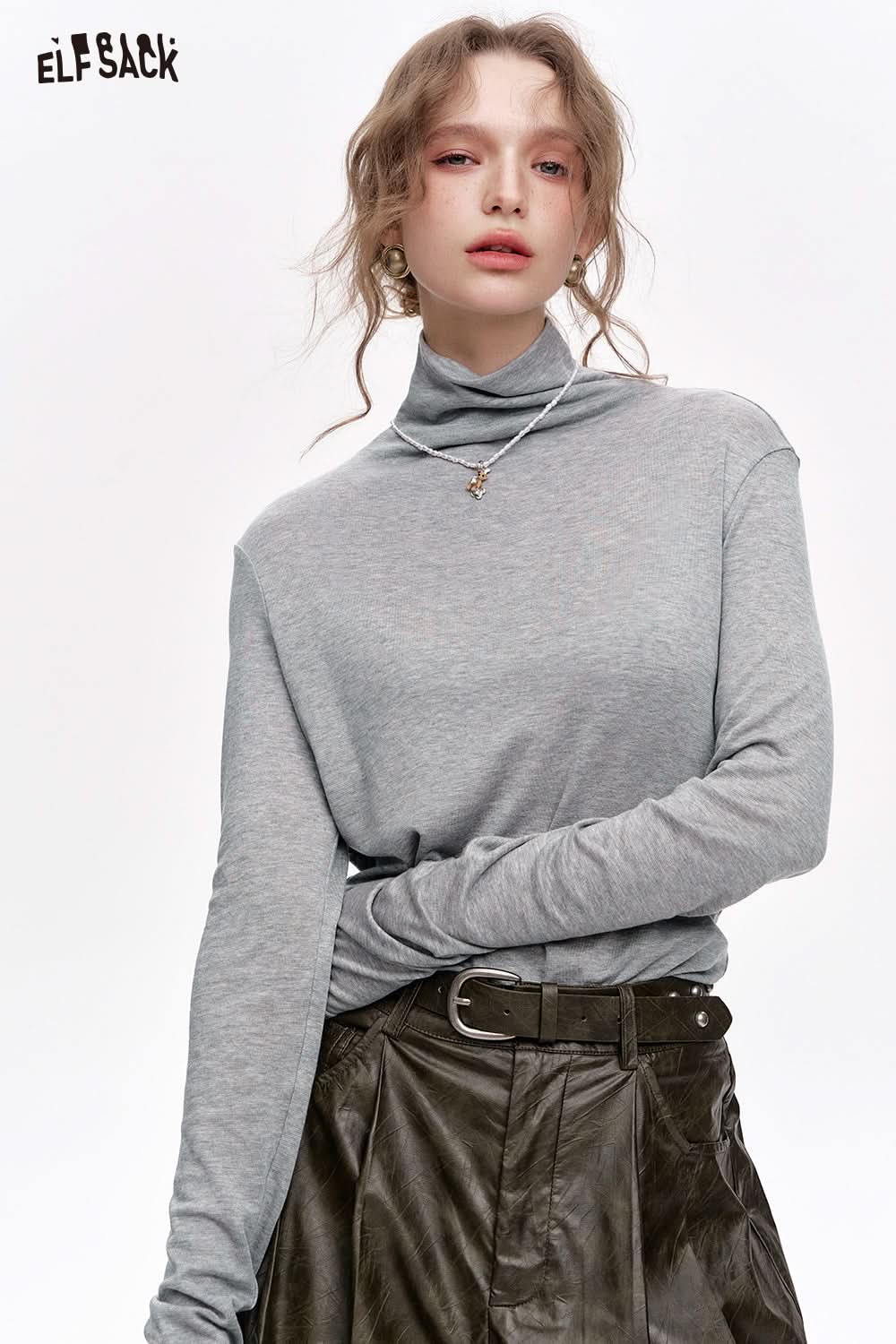 ELFSACK Pile collar inner wear sweater women solid color bottom T-shirt