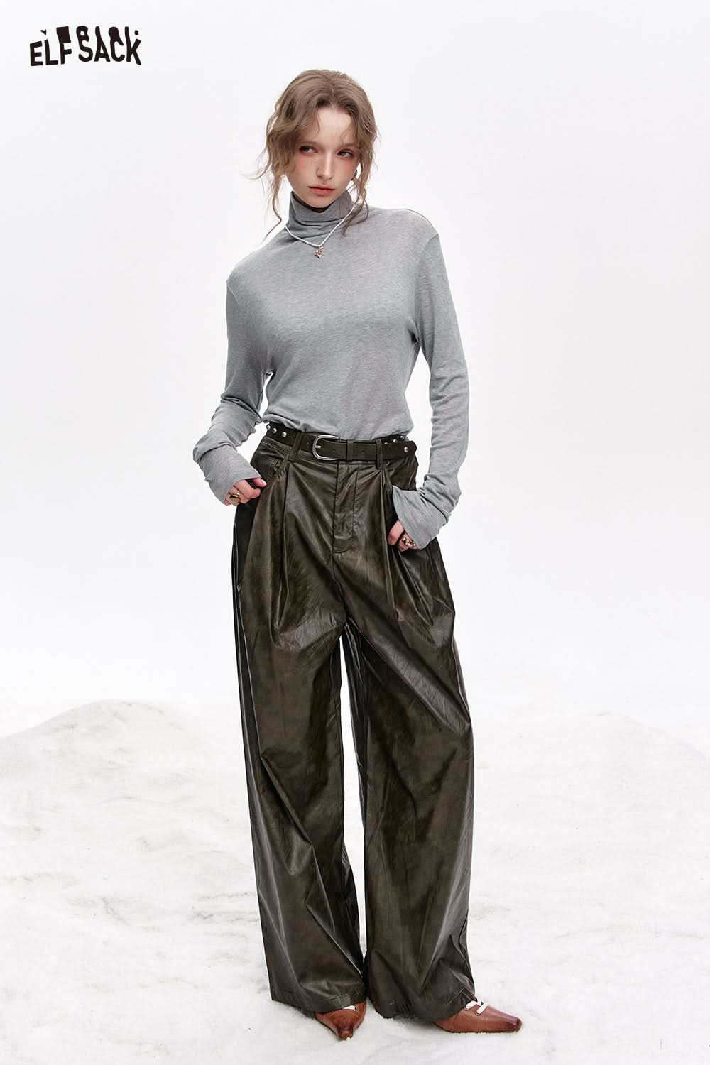 ELFSACK Pile collar inner wear sweater women solid color bottom T-shirt