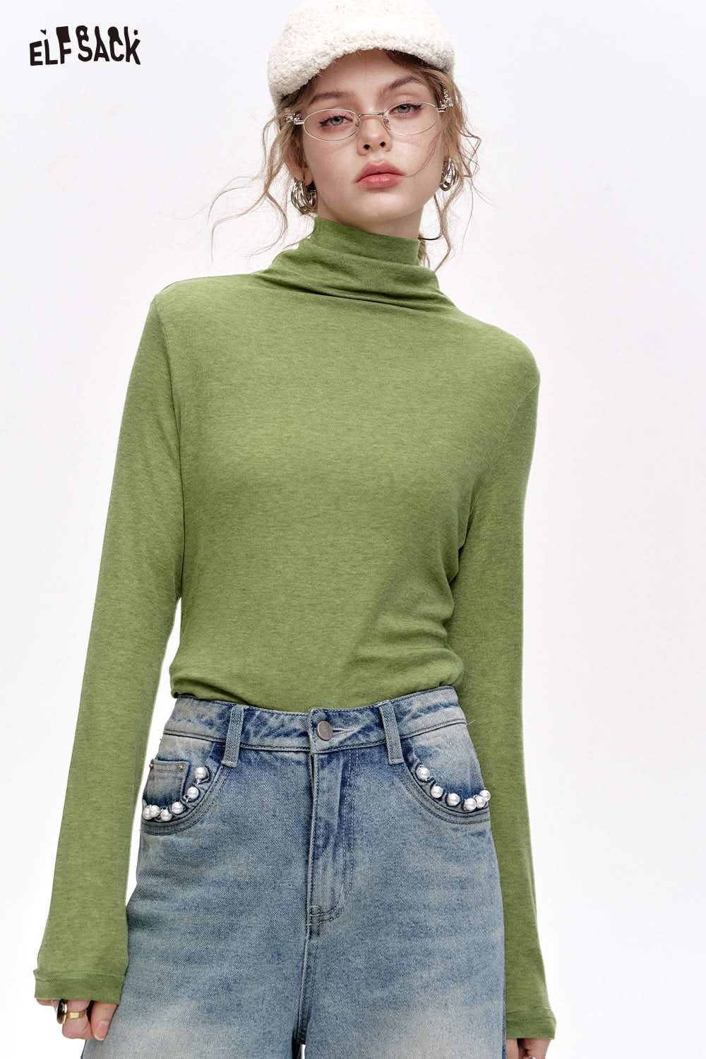 ELFSACK Pile collar inner wear sweater women solid color bottom T-shirt