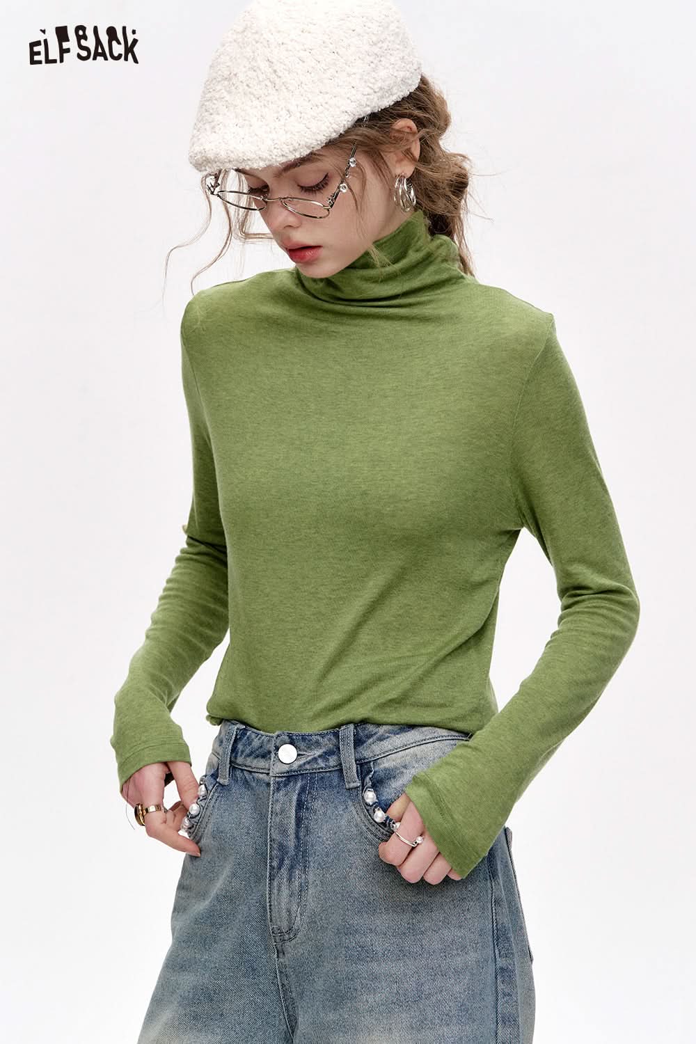 ELFSACK Pile collar inner wear sweater women solid color bottom T-shirt