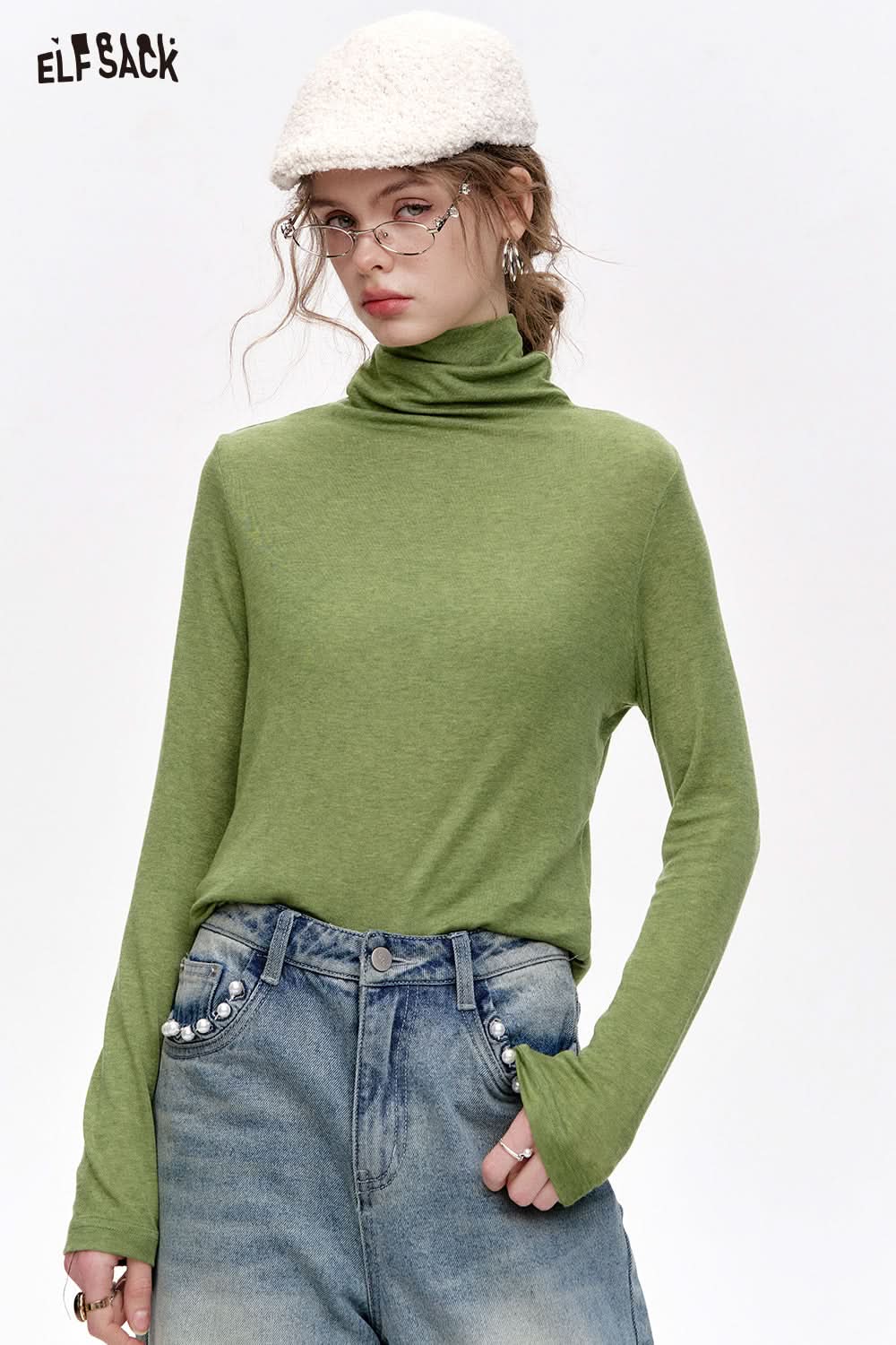 ELFSACK Pile collar inner wear sweater women solid color bottom T-shirt