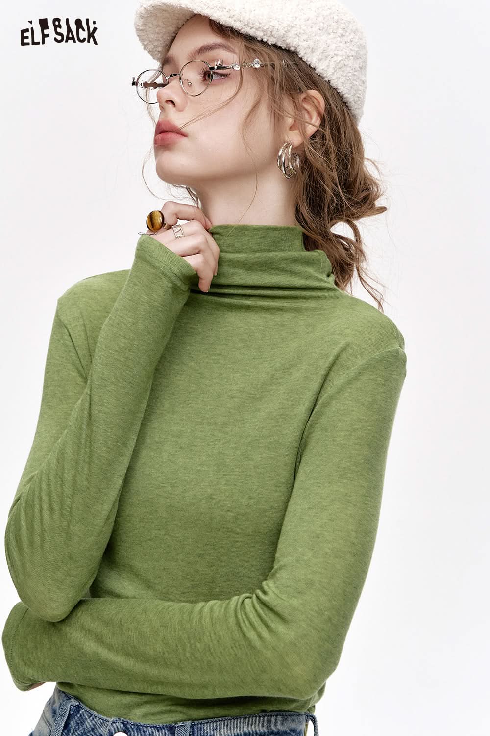 ELFSACK Pile collar inner wear sweater women solid color bottom T-shirt