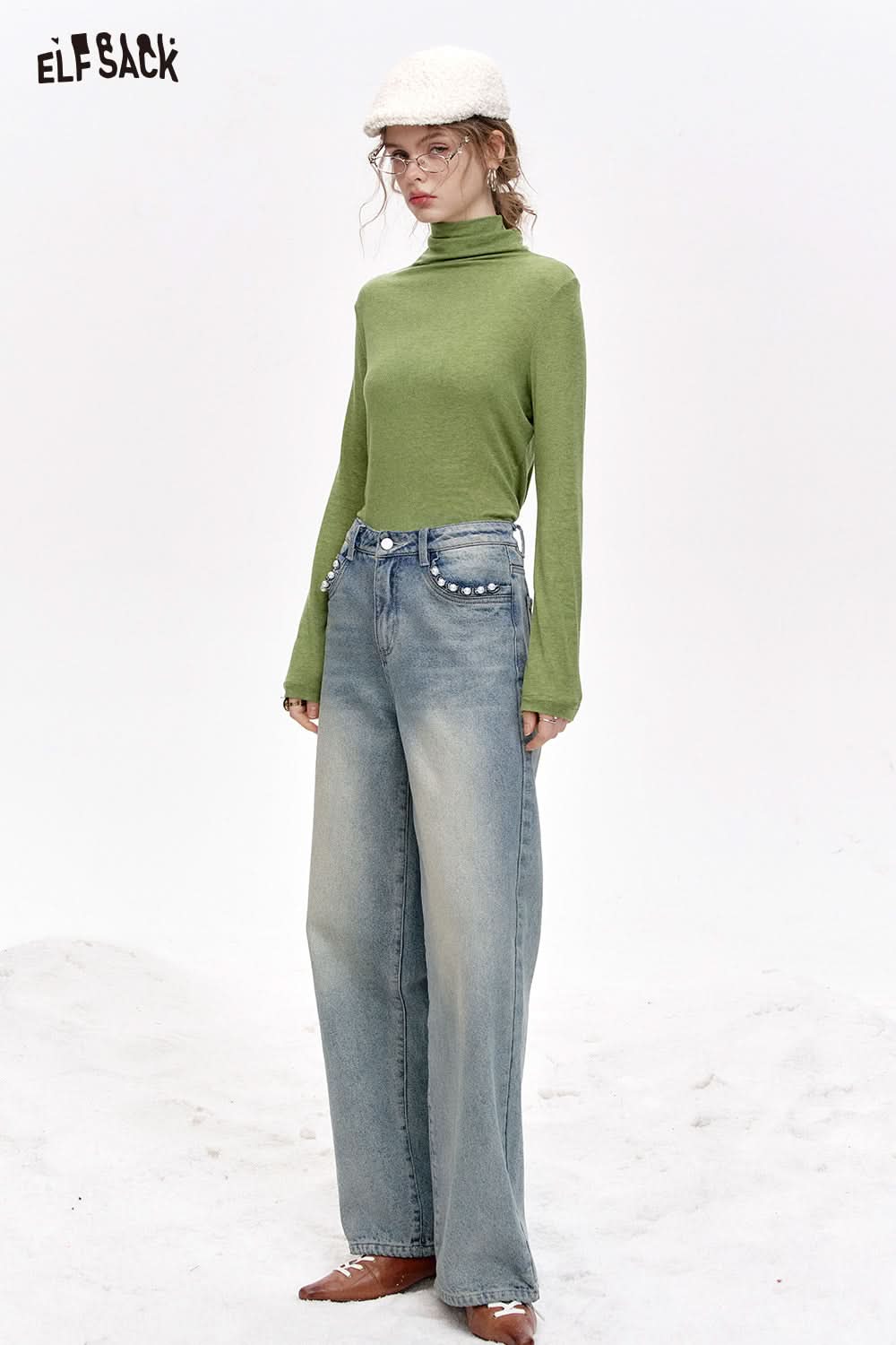 ELFSACK Pile collar inner wear sweater women solid color bottom T-shirt