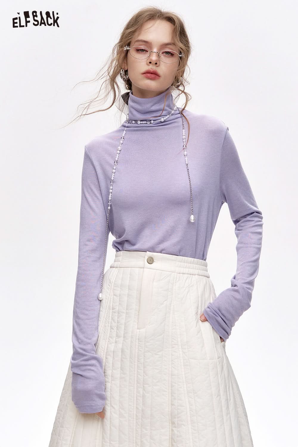 ELFSACK Pile collar inner wear sweater women solid color bottom T-shirt