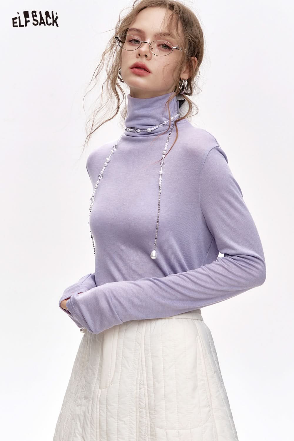 ELFSACK Pile collar inner wear sweater women solid color bottom T-shirt