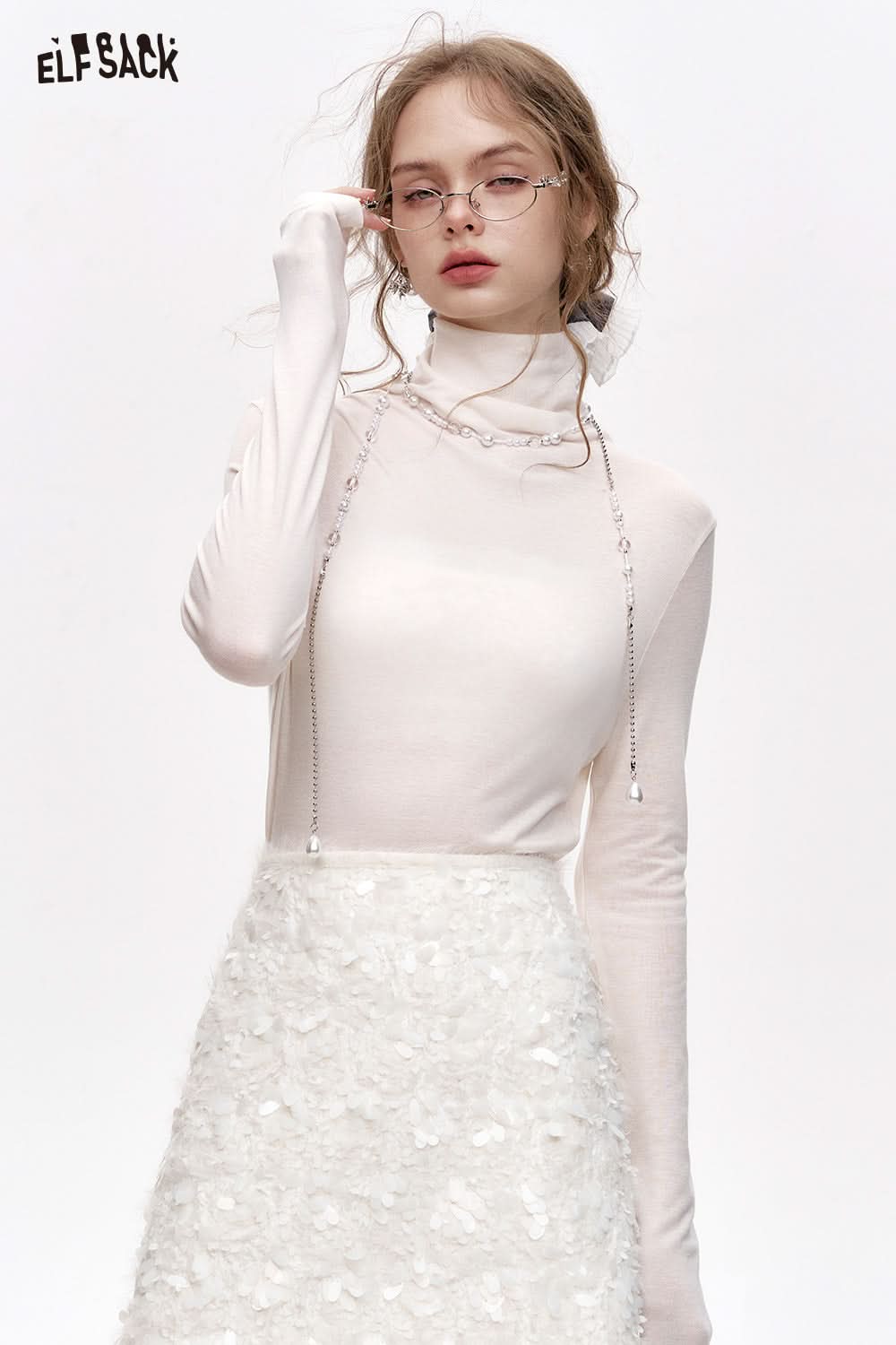 ELFSACK Pile collar inner wear sweater women solid color bottom T-shirt