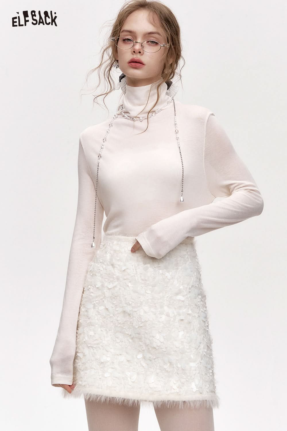 ELFSACK Pile collar inner wear sweater women solid color bottom T-shirt